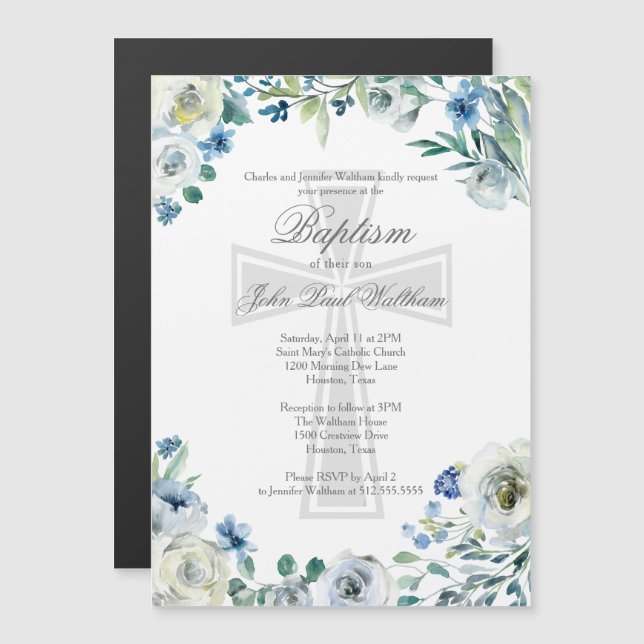 Elegant Blue Floral Religious Cross Baptism Magnetic Invitation (Front/Back)