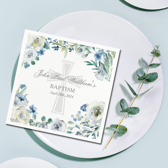 Elegant Blue Floral Religious Cross Baptism Napkin (Creator Uploaded)