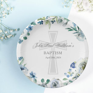 Elegant Blue Floral Religious Cross Baptism Paper Plate