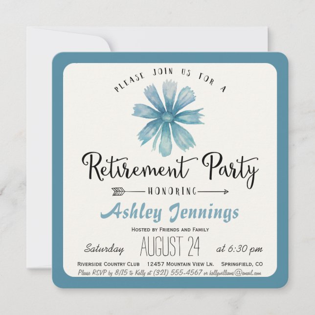 Elegant Blue Floral Retirement Party Invitation (Front)