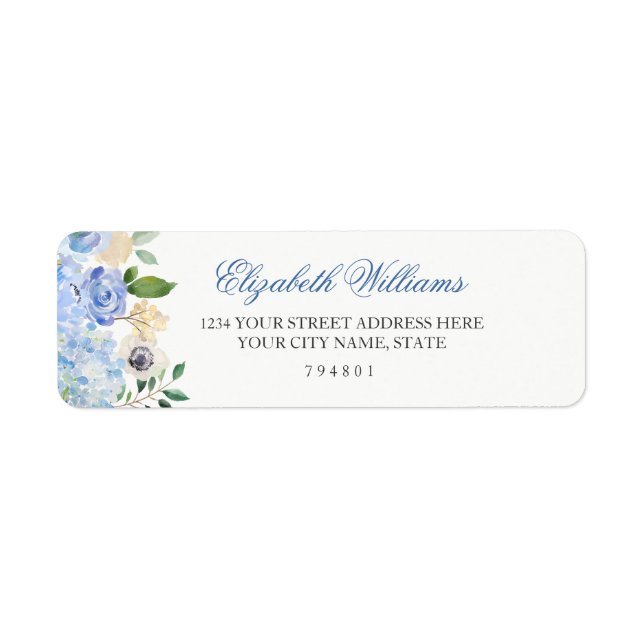 Elegant Blue Floral Return Address Label (Front)