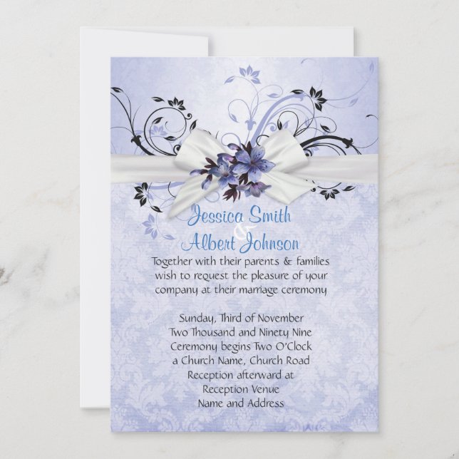 Elegant Blue Floral Ribbon Damask Wedding Invite (Front)