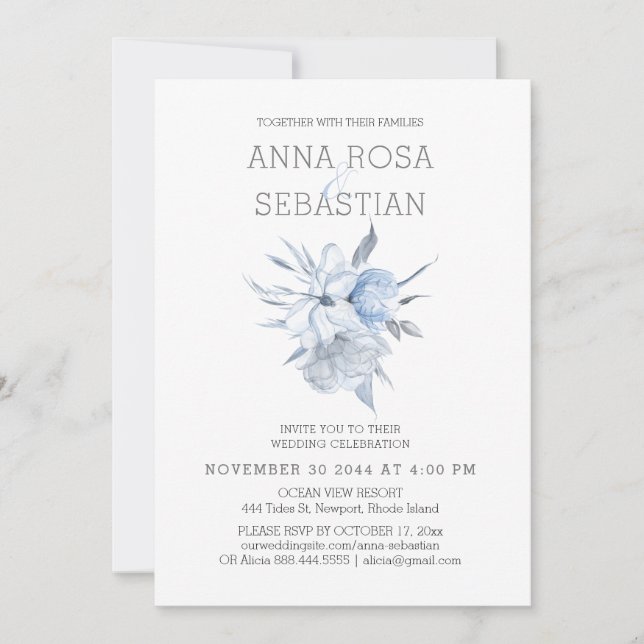 *~* Elegant Blue Floral Rose  AR15 WEDDING RSVP +  Invitation (Front)
