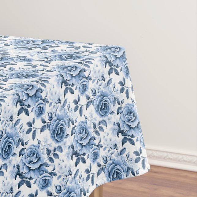 Elegant blue floral rose pattern tiled  tablecloth (In Situ)