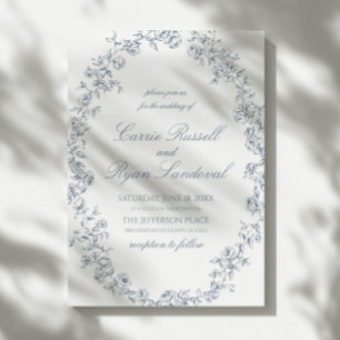 Elegant Blue Floral Roses Fine Line Art Wedding Invitation
