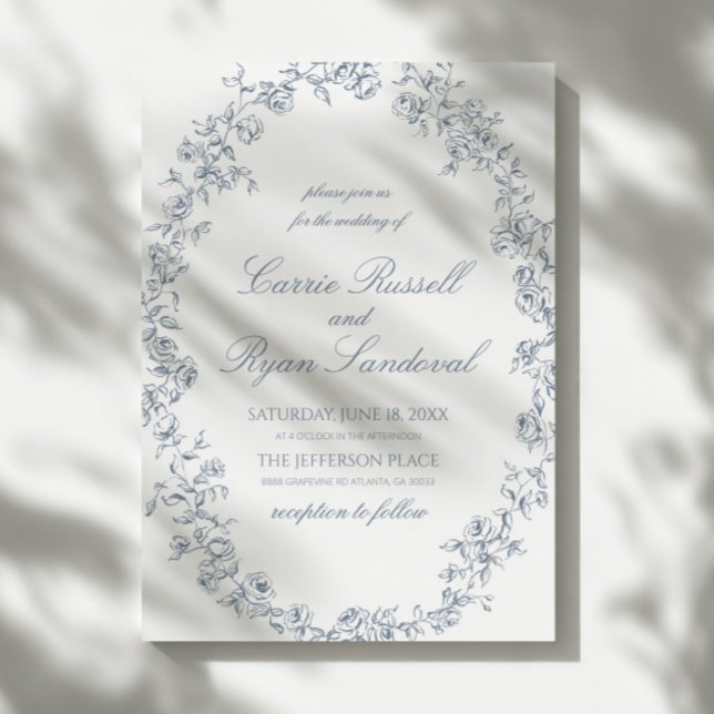 Elegant Blue Floral Roses Fine Line Art Wedding Invitation (Creator Uploaded)