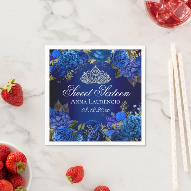 Elegant Blue Floral Roses Sweet Sixteen Birthday Napkin (Insitu)