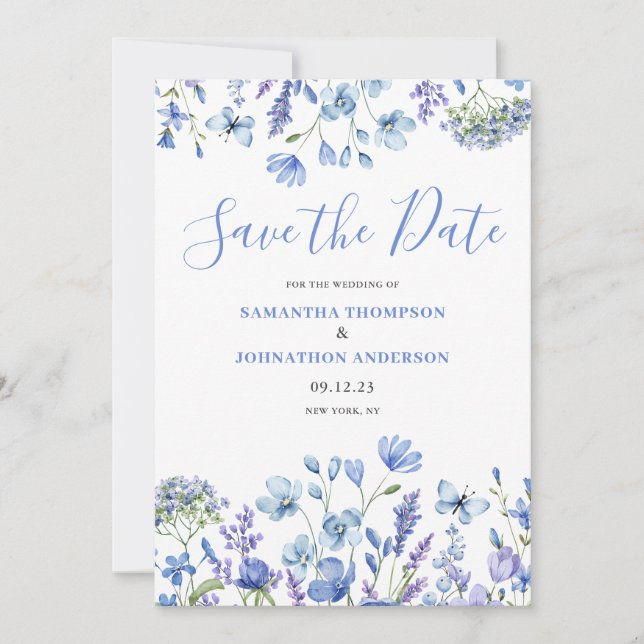 Elegant Blue Floral  Save The Date (Front)