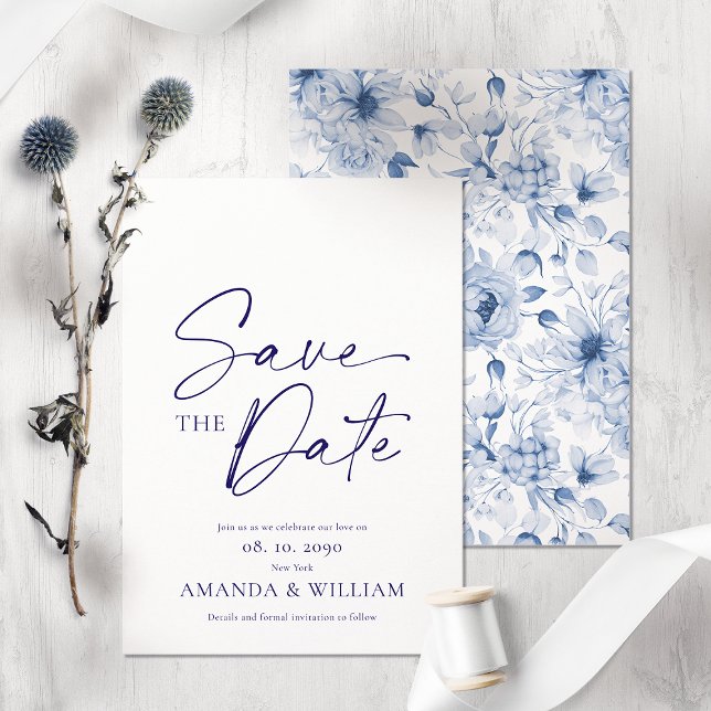 Elegant Blue Floral Save the Date Card (Creator Uploaded)