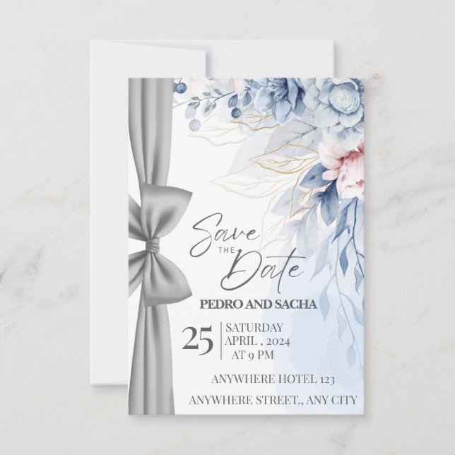 Elegant Blue Floral Save The Date Card with Silver (Front)