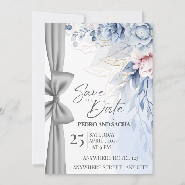 Elegant Blue Floral Save The Date Card with Silver (Front)