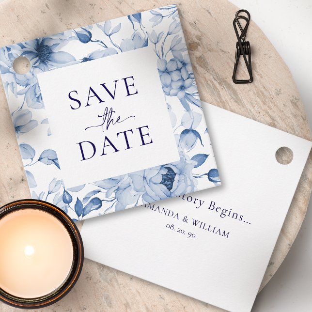 Elegant Blue Floral Save the Date Tag (Creator Uploaded)