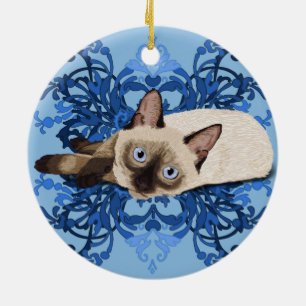 Elegant Blue Floral Siamese Cat Pretty Feline Ceramic Tree Decoration