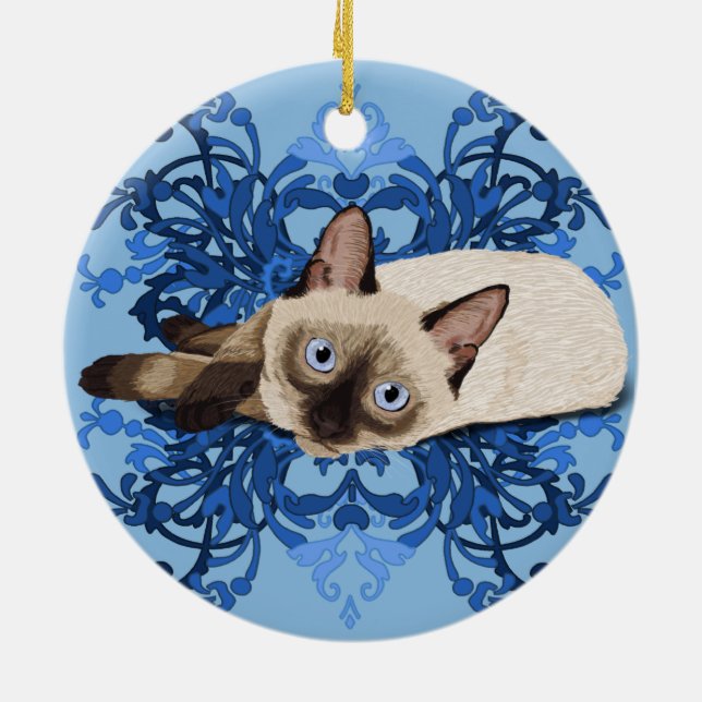 Elegant Blue Floral Siamese Cat Pretty Feline Ceramic Tree Decoration (Back)
