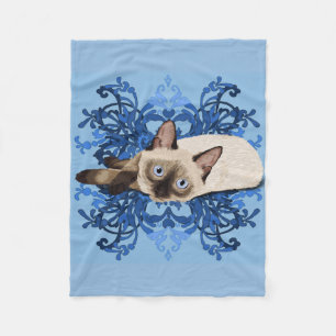 Elegant Blue Floral Siamese Cat Pretty Feline Fleece Blanket