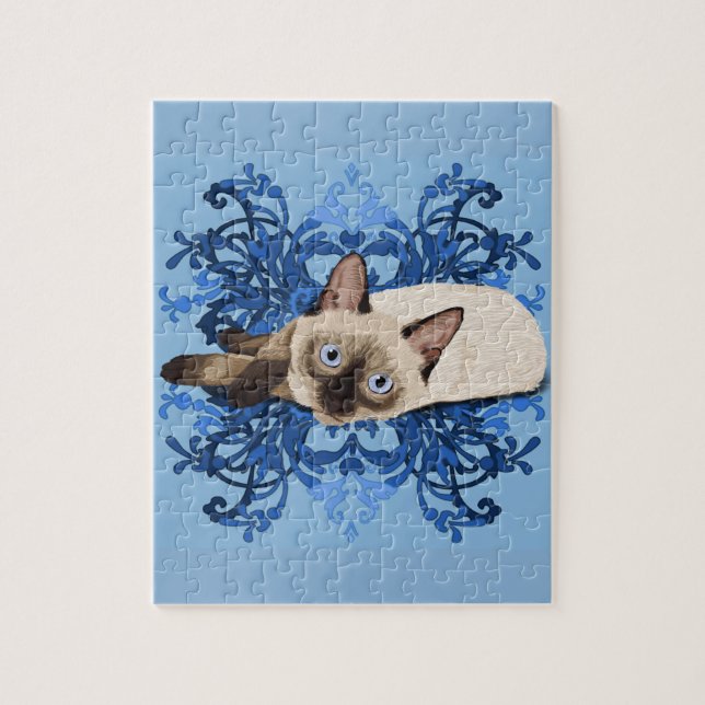 Elegant Blue Floral Siamese Cat Pretty Feline Jigsaw Puzzle (Vertical)