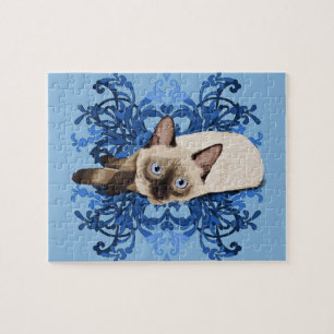 Elegant Blue Floral Siamese Cat Pretty Feline Jigsaw Puzzle