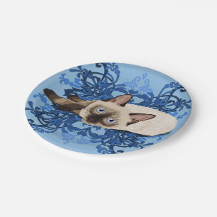 Elegant Blue Floral Siamese Cat Pretty Feline Paper Plate