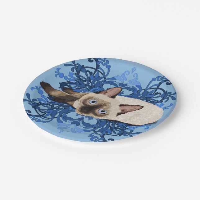 Elegant Blue Floral Siamese Cat Pretty Feline Paper Plate (Angled)