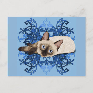 Elegant Blue Floral Siamese Cat Pretty Feline Postcard
