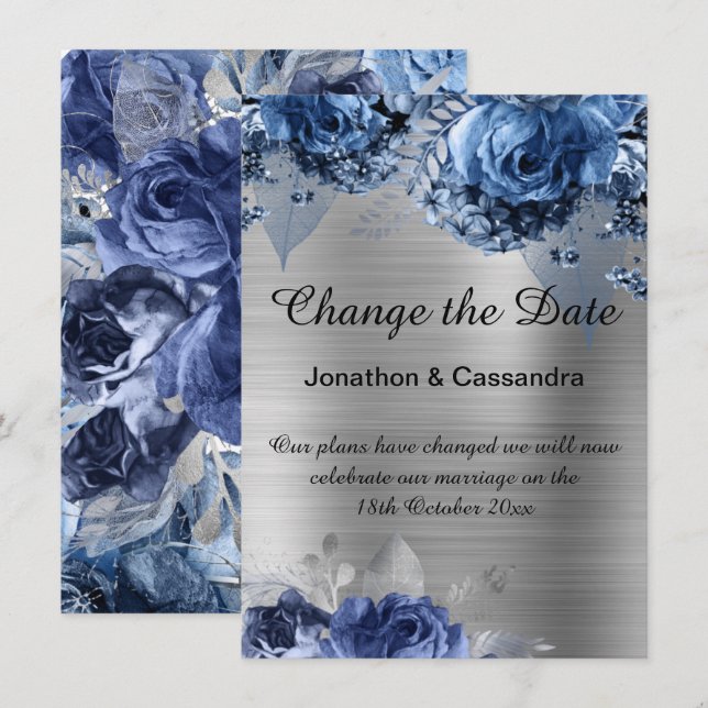 ELEGANT BLUE FLORAL SILVER  BORDER CHANGE THE DATE (Front/Back)