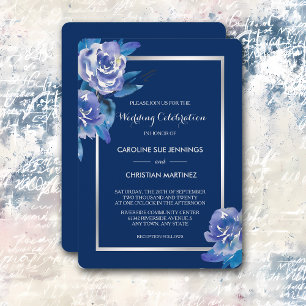 Elegant Blue Floral Silver Rose Wedding Invitation