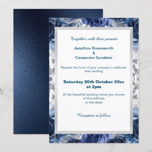 ELEGANT BLUE FLORAL SILVER TRIM WEDDING INVITATION