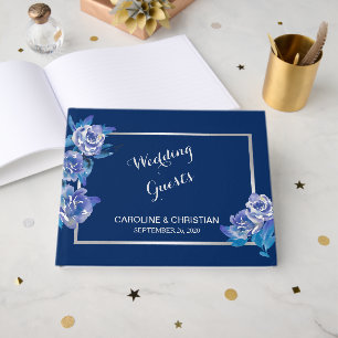 Elegant Blue Floral Silver Wedding Guest Book