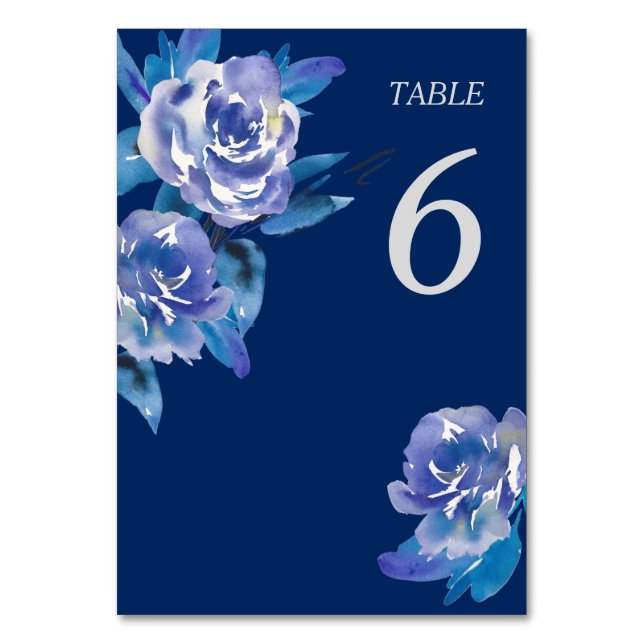 Elegant Blue Floral Silver Wedding Table Number (Front)