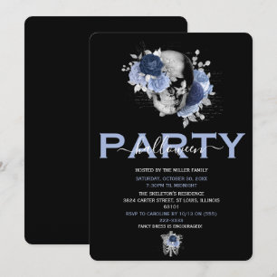 Elegant Blue Floral Skull Adult Halloween Party Invitation