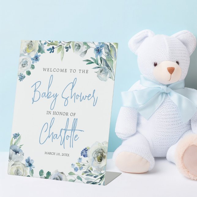 Elegant Blue Floral Spring Baby Shower Welcome Pedestal Sign (Creator Uploaded)