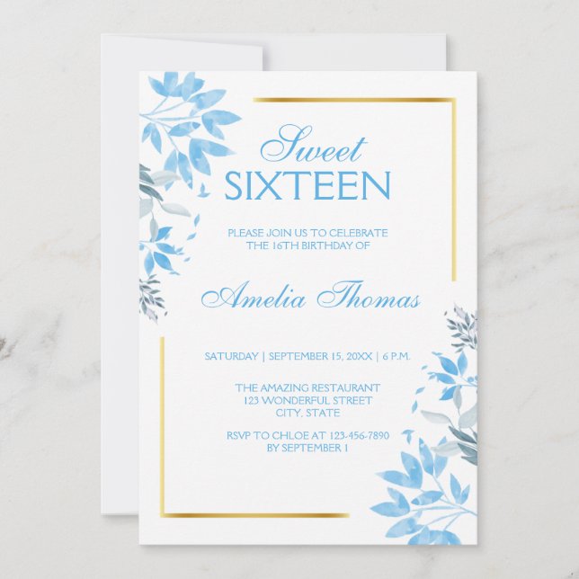 Elegant Blue Floral Sweet 16 Birthday Invitation  (Front)