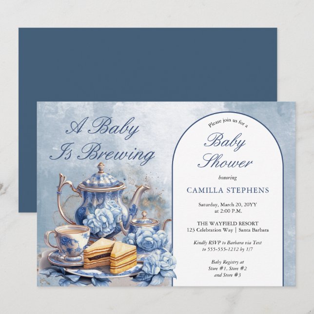 Elegant Blue Floral Tea Set Baby Shower Tea  Invitation (Front/Back)