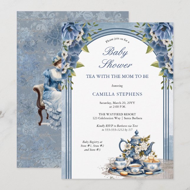 Elegant Blue Floral Tea Set Baby Tea Shower Invitation (Front/Back)