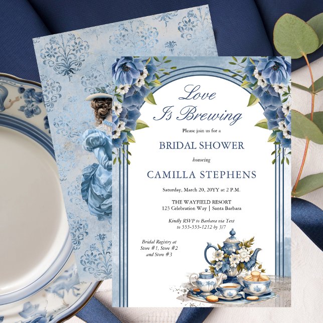Elegant Blue Floral Tea Set Bridal Tea Shower Invitation (Elegant Blue Floral Tea Set Bridal Shower Tea Party Invitation)