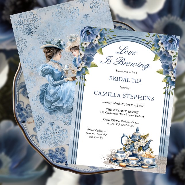 Elegant Blue Floral Tea Set Bridal Tea Shower Invitation (Elegant Blue Floral Tea Set Bridal Shower Tea Party Invitation)