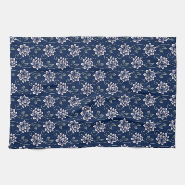 Elegant Blue Floral Tea Towel (Horizontal)