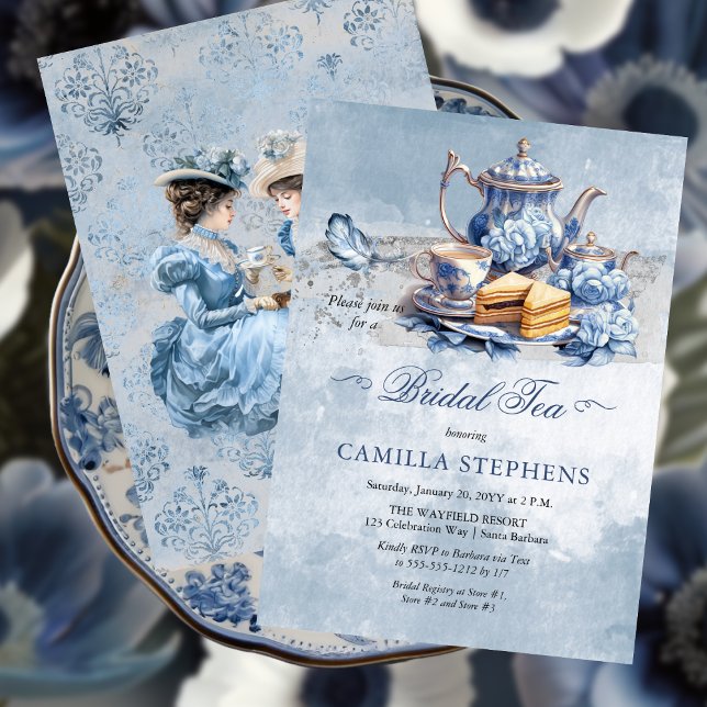 Elegant Blue Floral TeaSet Bridal Tea Shower Party Invitation (Elegant Blue Floral Teacup Bridal Shower Tea Party Invitation)