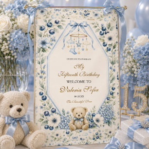 Elegant Blue Floral Teddy Bear 15th birthday party Banner