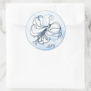 Elegant Blue Floral Template with Name • Lily Art Classic Round Sticker