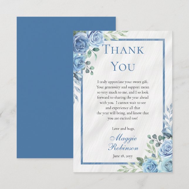 Elegant Blue Floral Thank You Card (Front/Back)