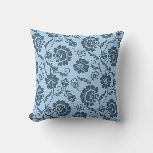 Elegant Blue Floral Throw Pillow (Front)