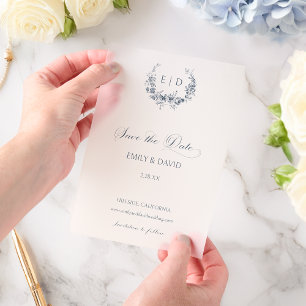 Elegant Blue Floral Toile Crest Save the Date Vellum Invitations