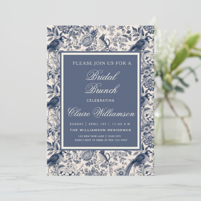 Elegant Blue Floral Toile Fleurie Bridal Brunch Invitation (Standing Front)