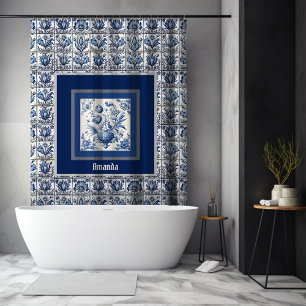 Elegant Blue Floral Toile Monogram Shower Curtain