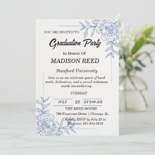 Elegant Blue Floral Traditional Graduation Party Invitation