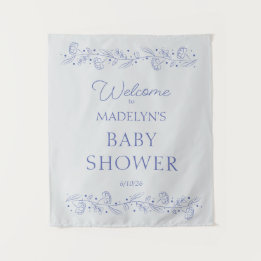 Elegant Blue Floral Vines Baby Shower Welcome Sign Tapestry