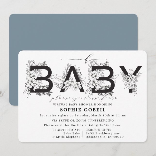Elegant Blue Floral VIRTUTAL Baby Shower Invitation (Front/Back)