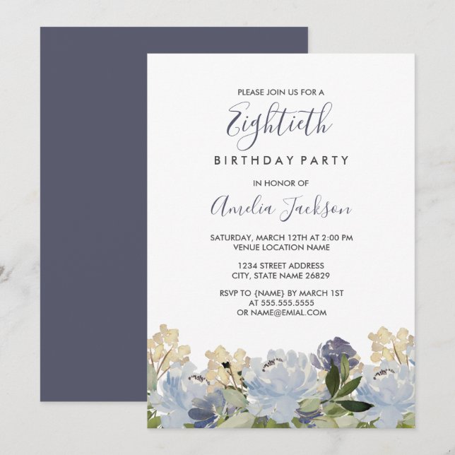 Elegant Blue Floral Watercolor 80th Birthday Invitation (Front/Back)
