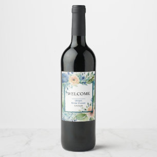 Elegant blue floral watercolor Bridal Shower Wine Label